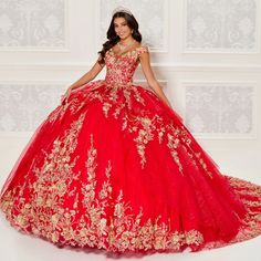 This stunning quinceanera ball gown includes three-dimensional details that include beading and stone accents. With a traditional V-neck and an off-the-shoulder design this dress is princess-like. It includes a detachable cathedral cape. Quinceanera Dresses Damas, Ball Gown Gold, Red Quinceanera Dress, Champagne Quinceanera Dresses, Damas Dresses, Quince Dress, Dresses Quinceanera, Golf Dresses, Prom Designs