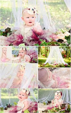 a collage of photos with baby's clothes and flowers