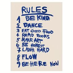 a blue and white poster with rules written on it