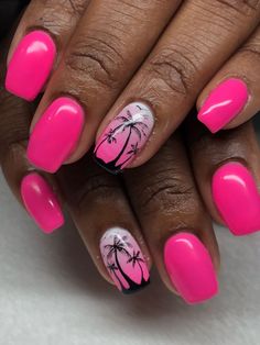 Coffin Nail Ideas, Pink Summer Nails, Palm Tree Nails, Beach Nail Designs, Summer Nails Beach, Tree Nails, Hot Pink Nails, Vacation Nails