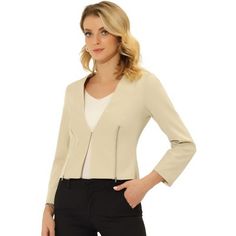 This blazer suit jacket decor with two zippers on the side, and the design of one hook-eye button closure make it easy to wear and take off.      Keep your work-wear wardrobe up-to-date by adding this pretty blazer. Pair with a range of blouses and a pencil skirt or cigarette pants and show off your charming office style. Cropped Blazer Jacket, Crop Blazer, Blazer Beige, Cropped Blazer, Fitted Suit, Work Wear Women, Work Pants, Office Fashion, Casual Fits