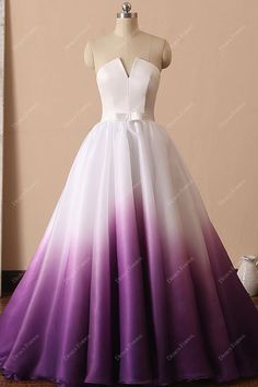 Component of white satin and white to purple ombre organza, featuring a strapless V-cut bodice with lace-up back and ball gown skirt , it couldn't be more gorgeous than this fancy formal dress. #weddingdress #bridaldress #designerweddingdress #springweddingdress #fallweddingdress #autumnweddingdress #winterweddingdress #summerweddingdress #beachweddingdress #destinationweddingdress Purple Wedding Gown, Fancy Prom Dresses, Dye Wedding Dress, Ombre Wedding Dress, Ombre Gown, Purple Wedding Dress, Satin Ball Gown, Ombre Wedding, Gown Skirt