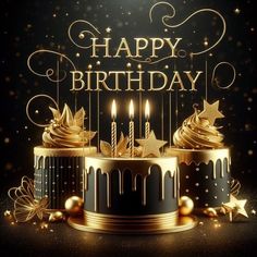 a birthday cake with lit candles and stars on it is surrounded by golden decorations in front of a black background