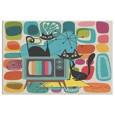 Kate McEnroe New York Mid Century Atomic Cat Retro TV Canvas Wall ArtCanvas Wall Art139004 Mid Century Painting, Mid Century Modern Artwork, Atomic Cat, Modern Palette, Retro Artwork, Mid Century Illustration, Television Set, Mid Century Modern Patterns, Classic Television