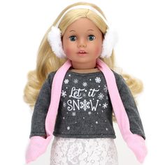 a doll with blonde hair and blue eyes wearing a sweater that says let it snow