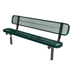 a green park bench sitting on top of a metal frame