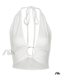 Zlily - Sexy Low Cut Slimming Crop Top with Strap Detail and Exposed Midriff White Halter Neck Tank Top For Club, White Backless Crop Top For Club, White Halter Neck Top For Club, White Halter Top For Spring Clubbing, White Halter Top For Spring Club Occasions, Low Cut, Crop Top, Slim Fit, Solid Color