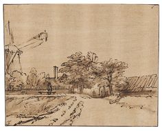 a drawing of a windmill in the distance