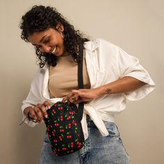 This Black Cherry bag is sturdy, stylish, and ready to go wherever you do. With adjustable straps and two spacious pockets, it's the ultimate accessory for hiking, festivals, and everyday use. * 100% polyester * Fabric weight: 9.91 oz./yd.² (336 g/m²) * Bag size: 5.7″ × 7.7″ × 2″ (14.5 cm × 19.5 cm × 5 cm) * Water-resistant and durable * Sturdy fabric with fusible backing to add firmness * Inside and outside pockets * Adjustable strap * Two-way zipper This product is made especially for you as s Black Chest Bag With Adjustable Strap For On-the-go, Festival Crossbody Shoulder Bag With Hand-stitching, Cherry Bag, Utility Bag, Red Cherry, Cherry On Top, Black Cherry, Chest Bag, Hip Bag