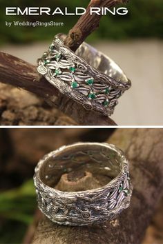 Leaves and branch wedding band with emerald by WeddingRingsStore. Tree bark silver wedding ring, Emerald silver band in vintage style, Wide tree ring with leaf #Engagementrings #Engagement #vintagering #silverring Nature-inspired Emerald Ring, Branch Wedding Band, Wedding Ring Emerald, White Gold Wedding Ring Set, Boho Chic Bride, Silver Wedding Ring, Tree Ring, Wedding Beach Ceremony, Ring Emerald