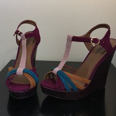 Colorful Purple, Turquoise, Tan And Lilac Strappy Wedge Shoe. 5” Wedge. Never Worn. Purple Wedge Heel Sandals In Synthetic Material, Purple Synthetic Wedge Heel Sandals, Purple Platform Wedge Sandals For The Beach, Purple Wedge Heel Sandals For Beach, Purple Platform Wedge Sandals, Casual Purple Round Toe Wedge Sandals, Purple Wedges, Silver Wedge Sandals, Brown Wedge Heels