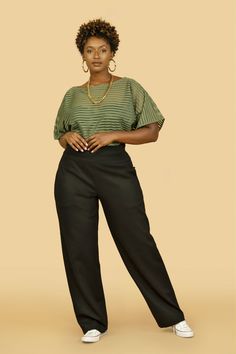 JIBRI High Waist Wide Leg Slacks Back zipper Chic side pockets Fabrication: Suiting Casual Teacher Outfits, Plus Size Business Attire, Fashion Gal, Plus Size Fall Outfit, Look Plus Size, Plus Size Fall, Office Outfits Women, Stripe Tee, Interview Outfit