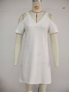 Women's 2024 Sumer Boho Dress V-Neck Hollow Out Short Sleeve Mini Dress White Split Neck Dress For Spring, White V-neck Dress For Spring, Shift Dress With Split Neck For Spring, Casual Stretch V-neck Summer Dress, White Mini Dress With Split Neck For Spring, Spring Shift Dress With Split Neck, Summer Shift Dress With Split Neck, White Casual Dress With Split Neck, Fitted Summer Dresses With Split Neck