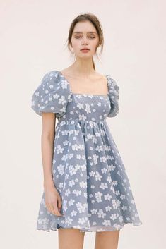 Dresses - White Cherry Blossom Sewn Flowers Baby Doll Dress - Girl Intuitive - Storia - Cute Baby Doll Dress, Baby Doll Mini Dress Outfit, White Frock Aesthetic, Baby Doll Dress Pattern For Women, Baby Doll Dress Aesthetic, Baby Doll Dresses For Women, Baby Doll Dress Outfit, Flower Dress Pattern, Baby Doll Dress Pattern