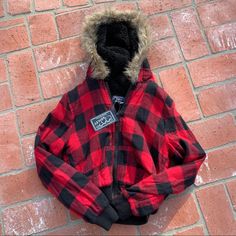 Nwt Fluffy Plaid Jacket With Fur Hood Jacket With Fur Hood, Boys Winter Jackets, Gap Denim Jacket, Jean Jacket Vest, Fur Hood Jacket, Jacket With Fur, Vintage Jean Jacket, Kids Tie Dye, Faux Leather Moto Jacket