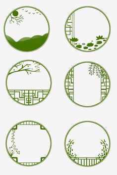 four green circular frames with trees and water in the middle, on a white background