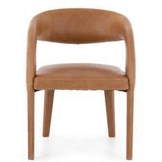 a tan leather chair with wooden legs and backrests on an isolated white background