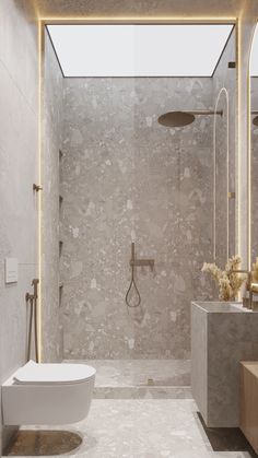 a bathroom with a large walk in shower next to a white toilet and sink under a skylight