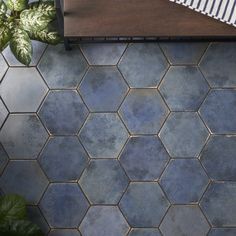 a blue tile floor next to a potted plant on top of a wooden table