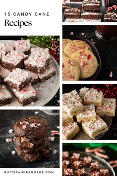 the collage shows different types of candy canes and brownies, with text overlay that reads 13 candy cane recipes