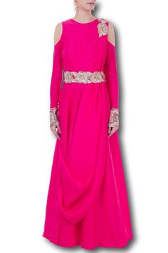 A fuschia pink long kurta based in taffeta silk fabric featuring cold shoulder pattern, embellished cuffs and sequin rose applique detail on a shoulder. It comes with an attached draped dupatta and attached embroidered rose belt. Floor-length Gown With Draped Sleeves For Party, Festive Party Gown With Draped Sleeves, Pink Floor-length Dress With Draped Sleeves, Pink Floor-length Dresses With Draped Sleeves, Luxury Festive Maxi-length Gown, Elegant Off-shoulder Reception Dress, Formal Party Dress With Draped Sleeves, Luxury Festive Maxi Dress, Party Gown With Draped Sleeves In Silk