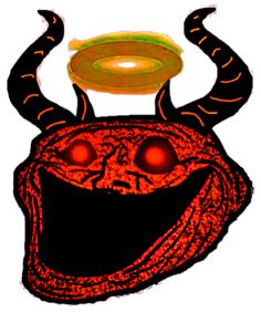 an image of a devil with a frisbee in its mouth and eyes on it's head