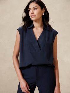 Collared Bib Top | Banana Republic Factory Chic Collared Tops For Workwear, Collared Tops For Workwear With Placket, Versatile Split Neck Tops For Work, Chic Collared Top For Business Casual, Versatile Collared Workwear Tops, Versatile Tops With Placket For Work, Summer Workwear Tops With Structured Shoulders, Structured Shoulder Tops For Summer Workwear, Versatile Viscose Blouse For Workwear