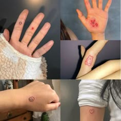 four different pictures with tattoos on their arms and hands, one has a heart in the middle