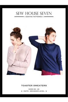 two women wearing sweaters with long sleeves and short sleeves, one in blue and the other in pink