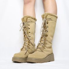 Y2K Platform Lace Up Boots (6.5 US) Snow Bunny Aesthetic, Cute Combat Boots, Kawaii Outfit Ideas, Bunny Aesthetic, Boho Boots, Snow Bunny, The 2000s, Fur Boots, Pretty Shoes