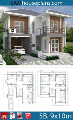 two story house plan with 3 bedroom and 2 bathrooms in the front, three car garage on