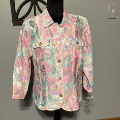 A Traditional Shirt Jacket In All Over Printed Burnout, In Bright Floral, 3/4 Sleeve, Perfect For Year Round Wear Spring Outerwear With Button Closure And 3/4 Sleeve, Trendy Spring Outerwear With 3/4 Sleeves, Trendy 3/4 Sleeve Spring Outerwear, Multicolor Casual Spring Outerwear, Casual Multicolor Spring Outerwear, Casual Multicolor Outerwear For Spring, Multicolor Collared Spring Outerwear, Collared Multicolor Spring Outerwear, Multicolor Button-up Outerwear For Spring