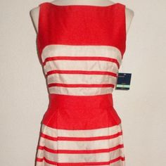 Just Taylor Misses Size 8 Fashion Dress Fit And Flare Style Red In Color With Tan Stripes Sleevless Exposed Back Goldtone Zipper Scoop Neckline Lined 100% Polyester Combo: 100% Silk Lining: 100% Polyester Nwt Red Lined Sleeveless Summer Dress, Red Fitted Sleeveless Dress For Spring, Size 8 Fashion, Tan Silk, Taylor Dress, Size 8 Dress, Scoop Neckline, Fit And Flare, Colorful Dresses