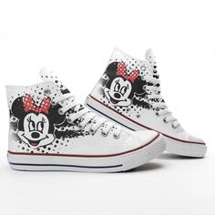 mickey mouse high top sneakers with polka dots on the front and side, all in white