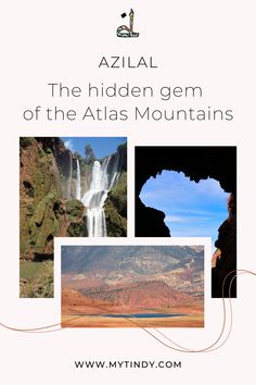 the atlas mountains and waterfalls are featured in this postcard