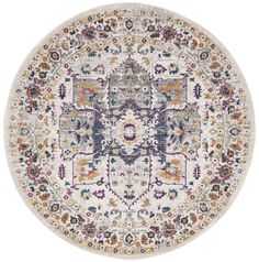 a round rug with an ornate design in white and multicolors on the floor