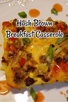 hash browns breakfast casserole on a white plate with text overlay that reads hash browns breakfast casserole