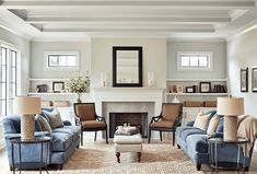 a living room filled with furniture and a fire place in the middle of a room