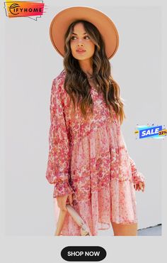 Pink Bubble Sleeve Floral Print Dress Pink Chiffon Dress For Fall, Pink Long Sleeve Chiffon Mini Dress, Flowy Long Sleeve Floral Dress For Casual Wear, Spring Flowy Long Sleeve Dress, Flowy Long Sleeve Spring Dress, Feminine Long Sleeve Floral Dress For Casual Wear, Feminine Long Sleeve Floral Dress For Casual Occasions, Flowy Long Sleeve Dress For Spring Brunch, Feminine Long Sleeve Dress For Spring