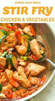 stir fry chicken and vegetables in a skillet with the title overlay above it