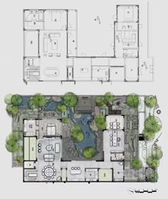 an architectural drawing shows the layout of a house and its surrounding courtyard, which is surrounded by trees