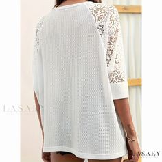 Lasaky - Lace Panel Short Sleeve Hollow Out Sexy Chic Comfortable Knit Top Non-stretch Crew Neck Top For Beach, Chic Non-stretch Knit Top, Stretch Hollow Out Sweater For Fall, Stretch Fall Sweater With Hollow Out Design, Non-stretch Knit Tops, White Stretch Top With Hollow Out Details, Casual Hollow Out Tops For Vacation, Crew Neck Stretch Sweater For Beach, Party Top With Textured Knit And Crew Neck