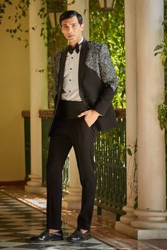 Black Terry Wool Embroidery Cutdana Alexander Tuxedo Set