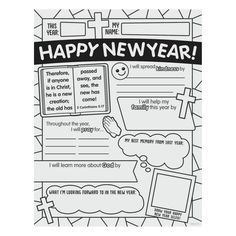 a happy new year coloring page with the words happy new year written in black and white