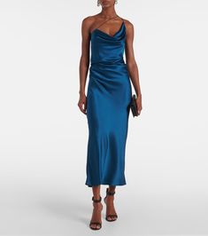 One-shoulder silk satin maxi dress in blue - The Sei | Mytheresa Knee Length Cocktail Dress, Cowl Dress, Purple Mini Dresses, Cocktail Evening Dresses, Maxi Dress Cocktail, Silk Midi Dress, Satin Maxi, Satin Maxi Dress, Satin Midi Dress