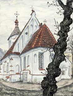 a drawing of an old church in the country