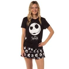 Our pajama set features shorts and a crewneck carefully crafted from soft, breathable fabric. The relaxed fit and elastic waistband provide unrestricted movement, ensuring a comfortable and cozy feel as you wind down. Cleaning this pajama set is a breeze as it's machine washable, ensuring long-lasting wear and convenience. If youre a Disney and The Nightmare Before Christmas fan, youll love this Disney The Nightmare Before Christmas Womens Jack Skellington Pajama Set. This pajama set is a cute a Nightmare Before Christmas Pyjama, Goth Sleepwear, Jack Skellington Pajamas, Christmas Loungewear, Womens Loungewear Sets, Summer Pajama Set, Cotton Pajamas Women, Plus Size Sleepwear, Cotton Pajama Sets