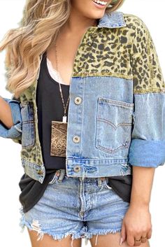 Sky Blue Leopard Splicing Cropped Denim Jacket with Pocket Trendy Patchwork Denim Jacket, Trendy Patchwork Denim Vest, Blue Patchwork Denim Vest For Fall, Trendy Patchwork Denim Vest For Spring, Spring Patchwork Denim Jacket In Medium Wash, Fall Blue Denim Patchwork Vest, Fall Blue Patchwork Denim Vest, Spring Patchwork Denim Vest In Blue, Jeans Coat Jackets