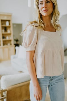 Our Cable Knit Square Neck Top is a gorgeous new top for Spring and Summer! Made with cable knit material, this soft top is a perfect blouse to dress up or down! The puff sleeves are our favorite part of this beautiful top! Avaialable in a beautiful cream tone in the following sizes for women: Small Medium Large Cute Short Sleeve Tops For Women, Outfits 2024 Women, Soft Woman Outfit, Cute Tops With Sleeves, Classy Coastal Outfit, French Preppy Style, Anthropologie Inspired Outfits, Cream Blouse Outfit, Women Modest Outfits