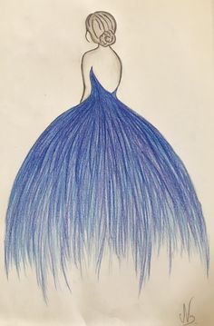 a drawing of a woman in a blue dress with long, feathered tail on her head